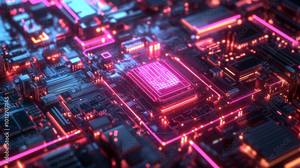 Abstract digital circuit board with glowing neon lights. Abstract digital circuit board with glowing neon lights.
