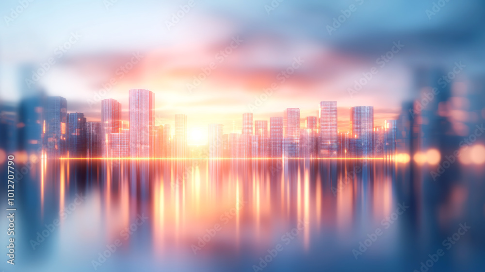 Fototapeta premium A stunning cityscape at sunset, featuring blurred skyscrapers reflected in tranquil water, creating a serene and dreamy atmosphere.