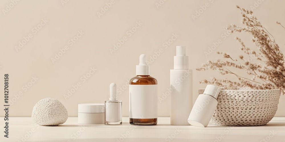 Product photography, skincare products, on a clean light beige background, Low key lighting Product photography, skincare products, on a clean light beige background, Low key lighting