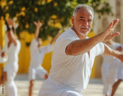 Mature master showcases capoeira exercises for students photo