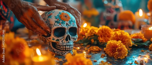 A vibrant Day of the Dead altar featuring a decorated skull surrounded by marigolds and candles, celebrating life and memory. photo