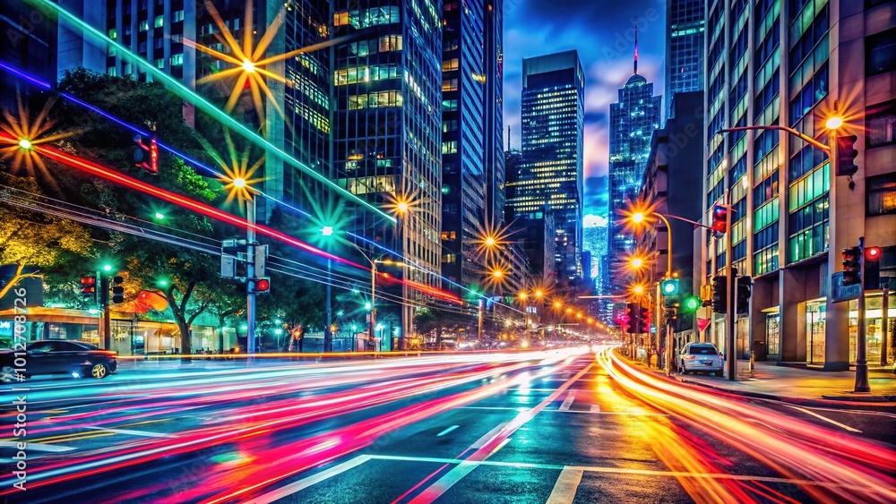 Obraz premium A bustling urban night scene showcases vibrant traffic lights illuminating a dynamic city street, with vehicles in motion creating a lively and energetic atmosphere.