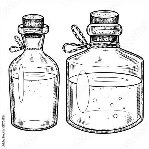 Hand drawn  essential oil bottles. Spa collection. Vector illustration