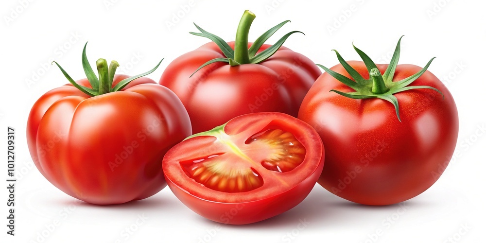 A detailed illustration featuring two whole red tomatoes and one sliced half, all elegantly arranged against a pure white background, showcasing vibrant colors and textures. A detailed illustration featuring two whole red tomatoes and one sliced half, all elegantly arranged against a pure white background, showcasing vibrant colors and textures.