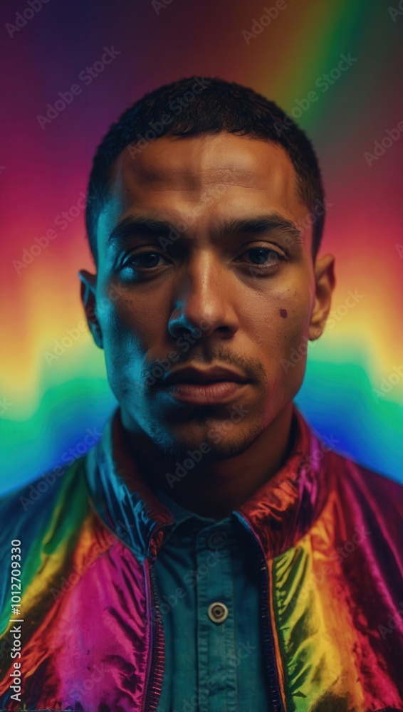 Young man with colorful jacket in pixelated abstract background Young man with colorful jacket in pixelated abstract background