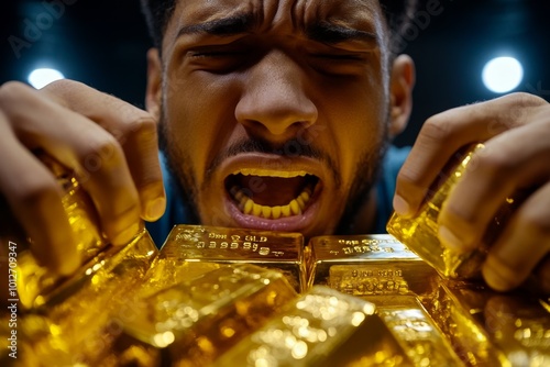 Hoarding gold bars in a dark room, a manâ€™s face shows pure greed, his hands clutching the precious metals photo