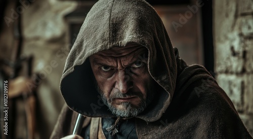 Medieval inquisitor in the hood with tools focused on the monk