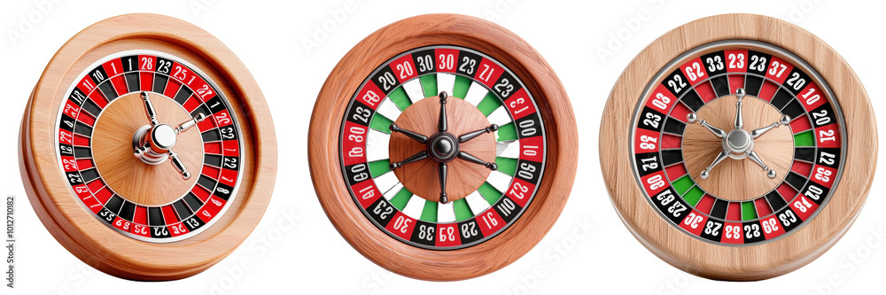Wooden roulette wheels with red, black, and green numbers. Gambling and casino-themed items. Concept of luck, risk, and entertainment Wooden roulette wheels with red, black, and green numbers. Gambling and casino-themed items. Concept of luck, risk, and entertainment