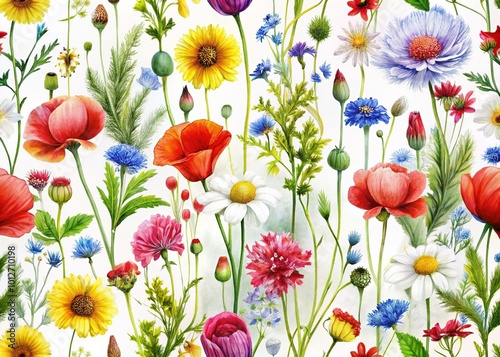 A seamless pattern featuring summer meadow and poppy flowers on a white background, perfect for vibrant design projects, adding a touch of nature's beauty.