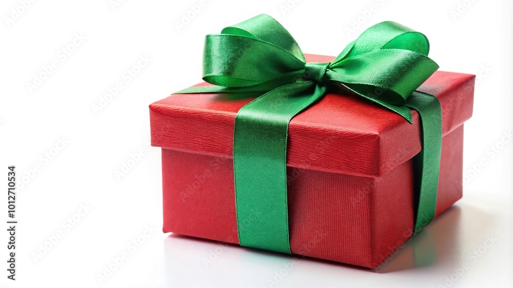 Forced perspective red gift box with green ribbon on white background Forced perspective red gift box with green ribbon on white background