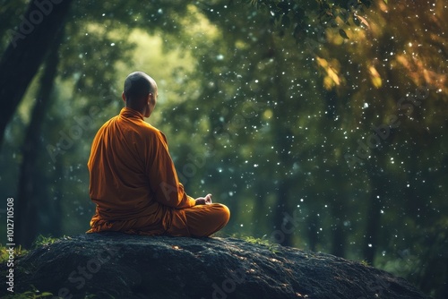 Meditating Vipassana monk in serene surroundings photo