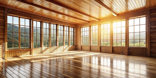 A spacious, empty wooden room is illuminated by natural light pouring through a large window, creating a bright and inviting atmosphere perfect for creativity.