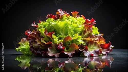 Forced perspective Red Oak leaf lettuce salad on black background