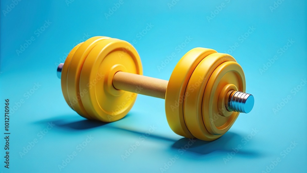 A vibrant 3D cartoon rendering of a yellow dumbbell symbolizes sport motivation, set against a bright light blue background, perfect for fitness-themed clip art. A vibrant 3D cartoon rendering of a yellow dumbbell symbolizes sport motivation, set against a bright light blue background, perfect for fitness-themed clip art.