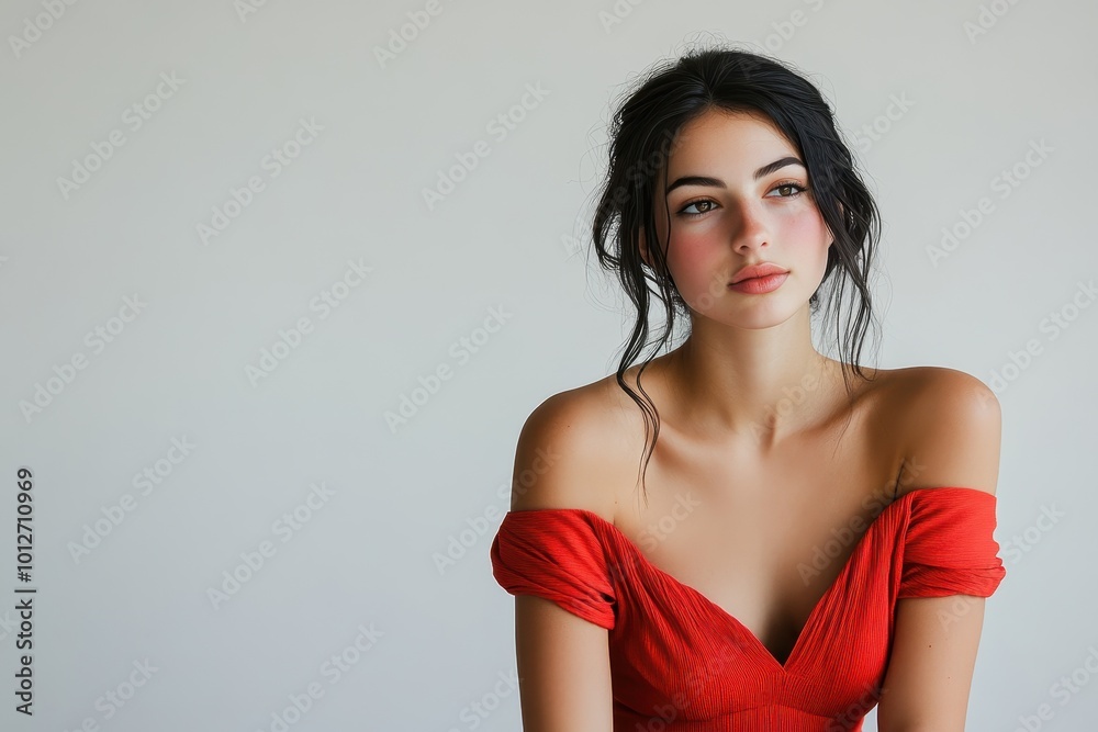 Mediterranean model wearing red dress poses freely in studio with white background Copy space available Mediterranean model wearing red dress poses freely in studio with white background Copy space available