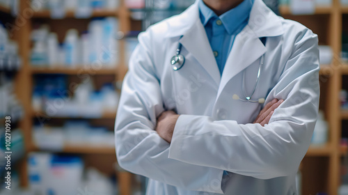 Front View of Pharmacist with Blurred Background (No Face).