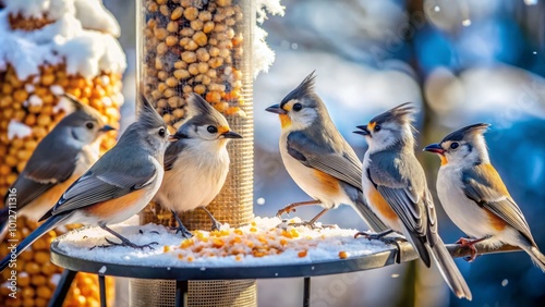 Titmice feasting on a winter bird feeder, with Parus major delighting in seeds, all set against a beautifully photo