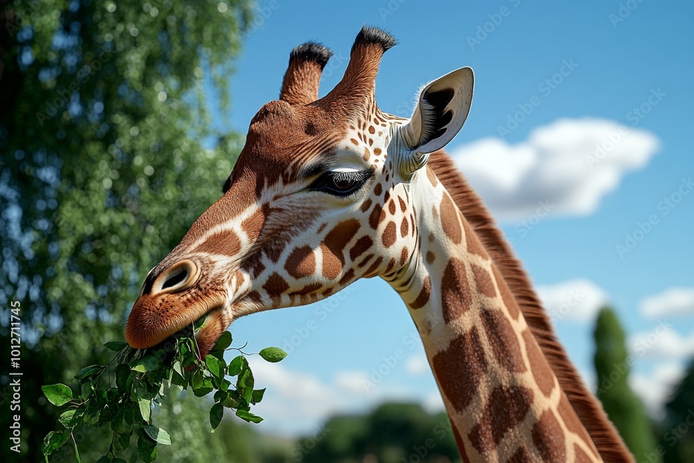 Hyper-realistic image of a giraffe eating leaves from a tree, with every leaf and spot on the giraffe rendered in vivid detail, representing the natural behavior of giraffes in the conservation Hyper-realistic image of a giraffe eating leaves from a tree, with every leaf and spot on the giraffe rendered in vivid detail, representing the natural behavior of giraffes in the conservation