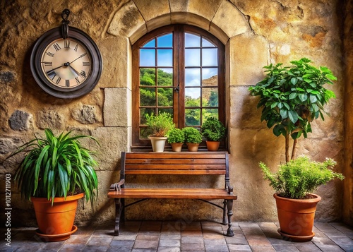 An elegant wooden bench surrounded by potted plants sits next to an arched window. A vintage clock rests against the charming stone wall nearby.