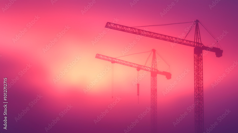 Silhouettes of cranes in a foggy skyline illuminated by vibrant purple and pink hues, capturing a serene construction landscape. Silhouettes of cranes in a foggy skyline illuminated by vibrant purple and pink hues, capturing a serene construction landscape.