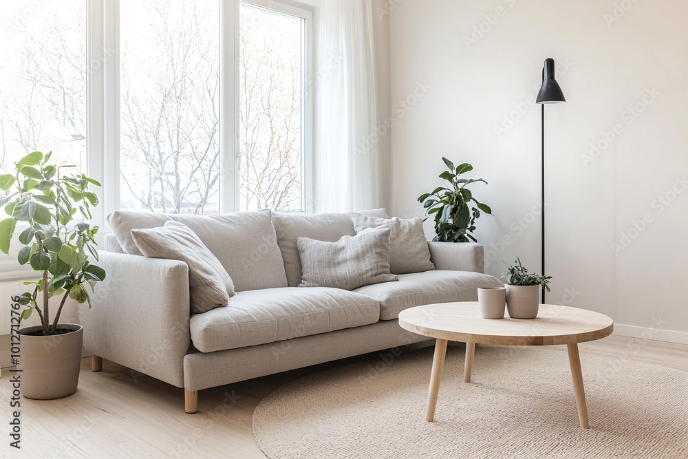 Fototapeta premium Modern Scandinavian interiors in a living room with white-finished walls and sofas and windows, tables and pots. Generative AI 
