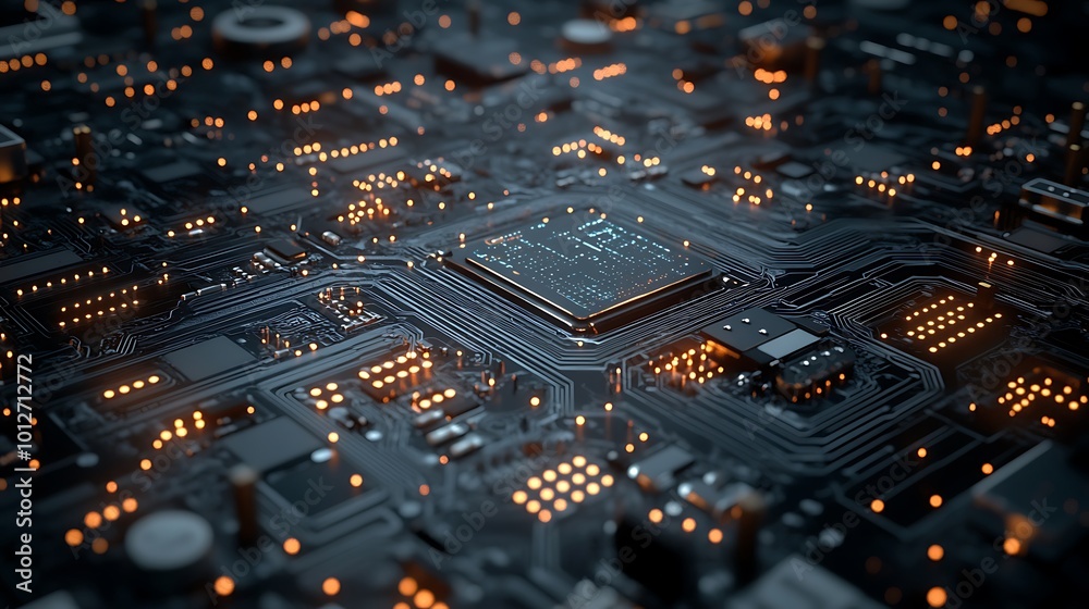 Obraz premium A computer screen displaying blue background with glowing orange wires