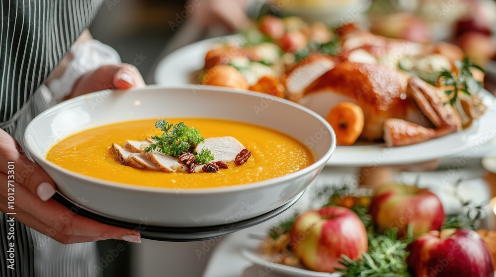 Bowl of pumpkin soup served at a festive table, garnished with herbs. Bowl of pumpkin soup served at a festive table, garnished with herbs.