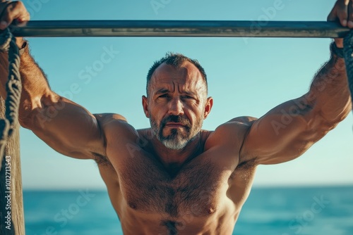 Middle aged athlete does pull ups on seaside uneven bars