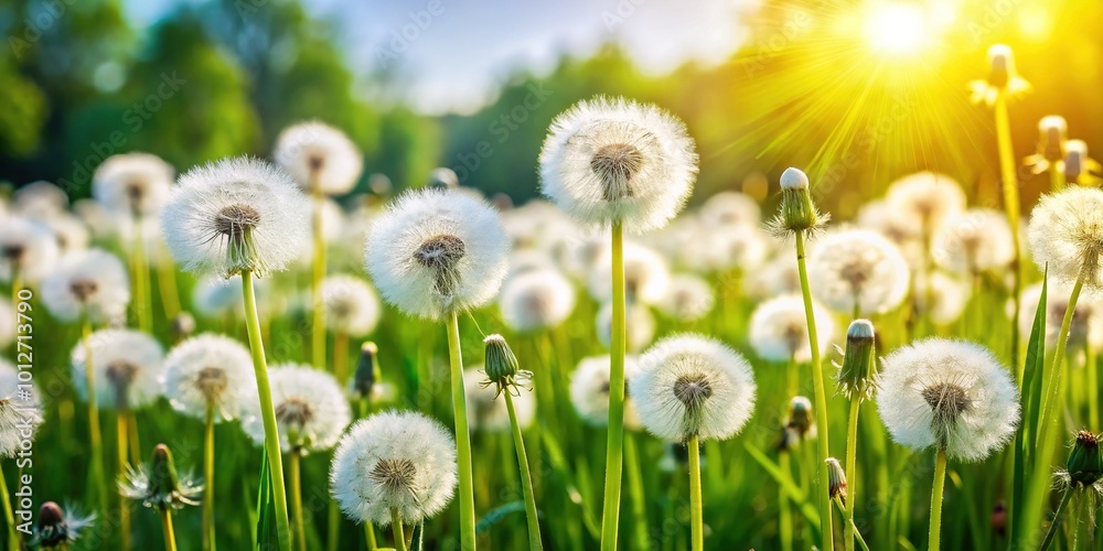 Delicate white dandelions dot the lush green grass, illuminated by a warm summer sun, creating a serene and enchanting scene with a beautiful selective focus. Delicate white dandelions dot the lush green grass, illuminated by a warm summer sun, creating a serene and enchanting scene with a beautiful selective focus.