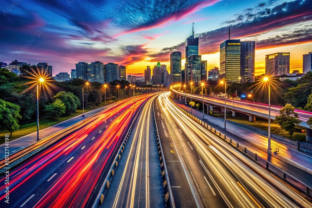 Obraz premium Dynamic urban highway scene at dusk, featuring high-speed traffic. Motion blur captures the energy, while abstract light trails add a vibrant, artistic touch to the scenery.