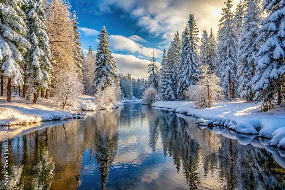 Fototapeta premium Forced perspective snowy panorama of a winter forest with trees and a river covered in snow