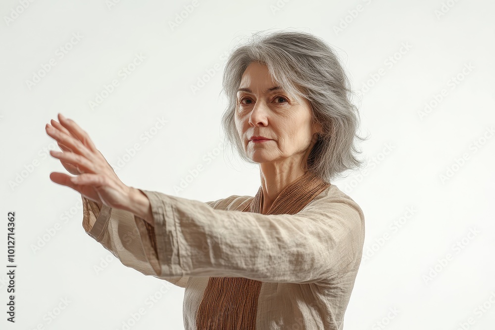Middle aged woman practicing tai chi in clean studio Middle aged woman practicing tai chi in clean studio