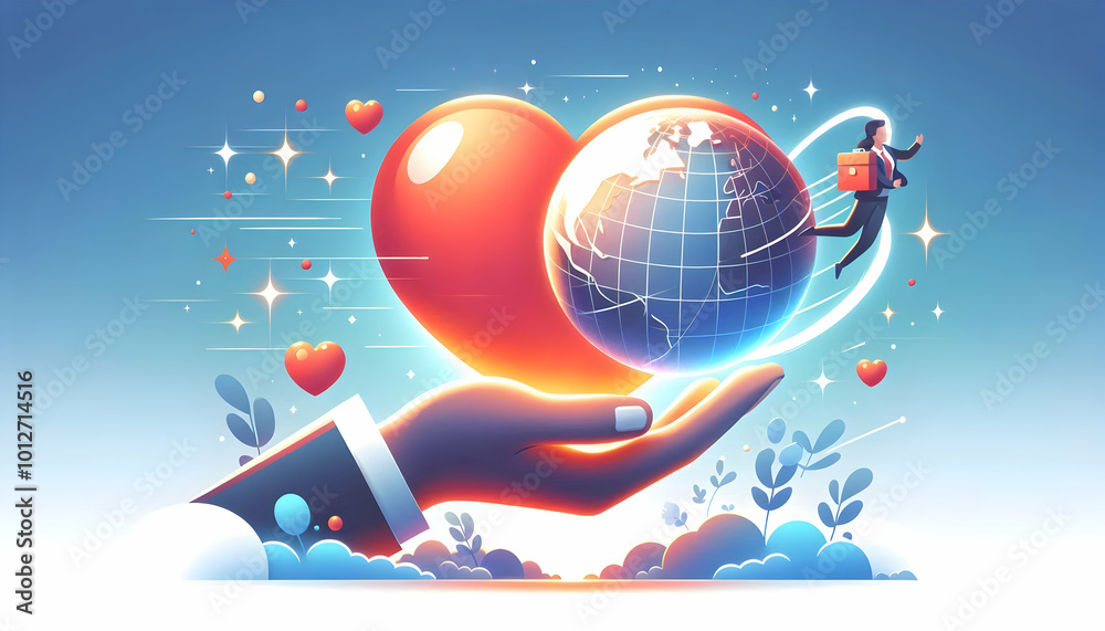 Fototapeta premium Flat Vector Illustration of a Glowing Heart and Globe Floating Together on White Background, Symbolizing Global Love and Human Rights Unity Concept for Human Rights Day.