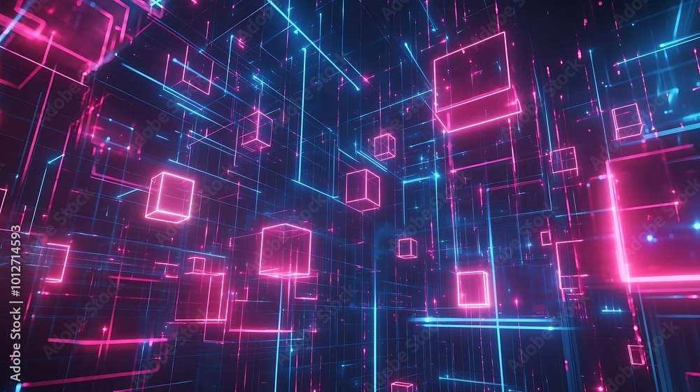 A cube glowing brightly with pink and blue neon hues
