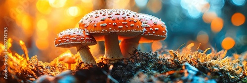 colorful mushrooms growing in forest photo