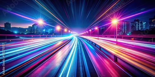 Futuristic neon motion creates dynamic light trails, enhancing virtual reality and technology backgrounds with vibrant, bright highways, immersing users in an exhilarating visual experience.