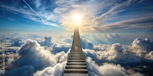 Forced perspective stairway in the clouds leading to rock entrance symbolizing stairway to heaven