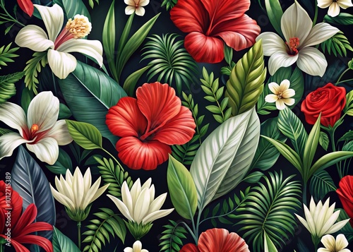 Vibrant tropical design featuring red hibiscus tulips and delicate white flowers, set against a dark backdrop with lush