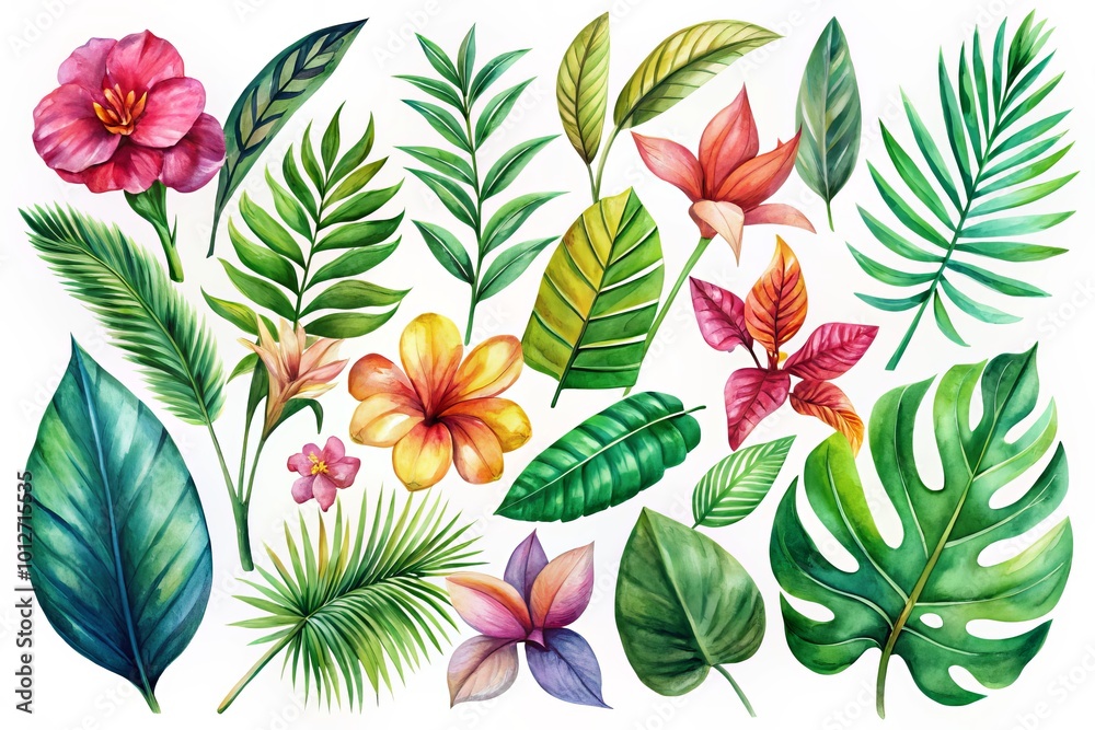 Obraz premium Vibrant watercolor set featuring tropical leaves and flowers perfect for illustrations, creative projects, and