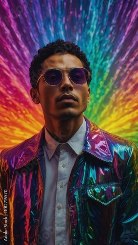 Man in vibrant multicolored jacket with gradient background