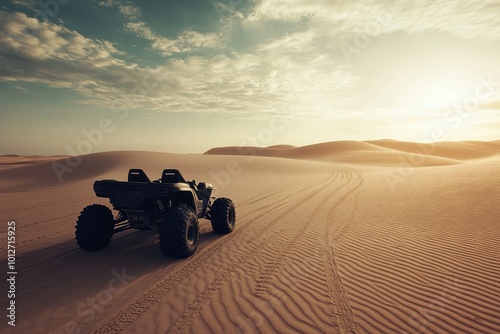 Minimalistic sandy desert landscape with one black quad bike safari tour in wild nature photo