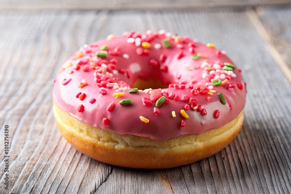 Forced Perspective Strawberry Donut with Pink Icing and Sprinkles Copy Space Forced Perspective Strawberry Donut with Pink Icing and Sprinkles Copy Space
