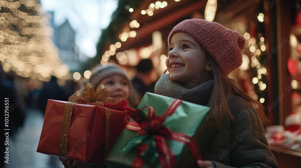 joyful girl holds colorful gifts while enjoying festive atmosphere joyful girl holds colorful gifts while enjoying festive atmosphere