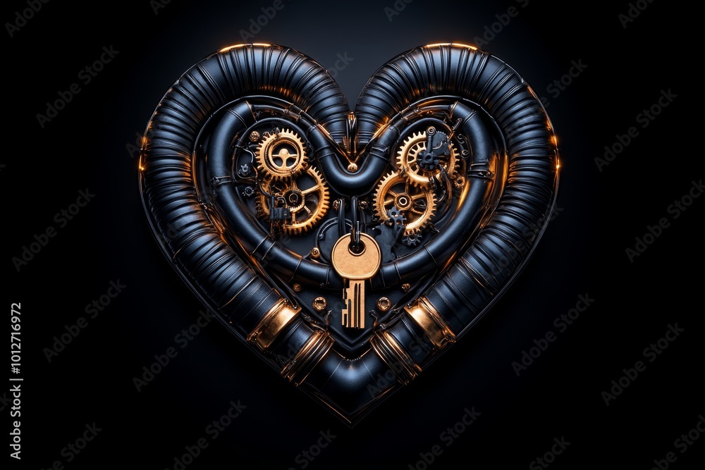 Simple steampunk heart design, with only the key gears and pipes visible in a clean, minimalist presentation Simple steampunk heart design, with only the key gears and pipes visible in a clean, minimalist presentation