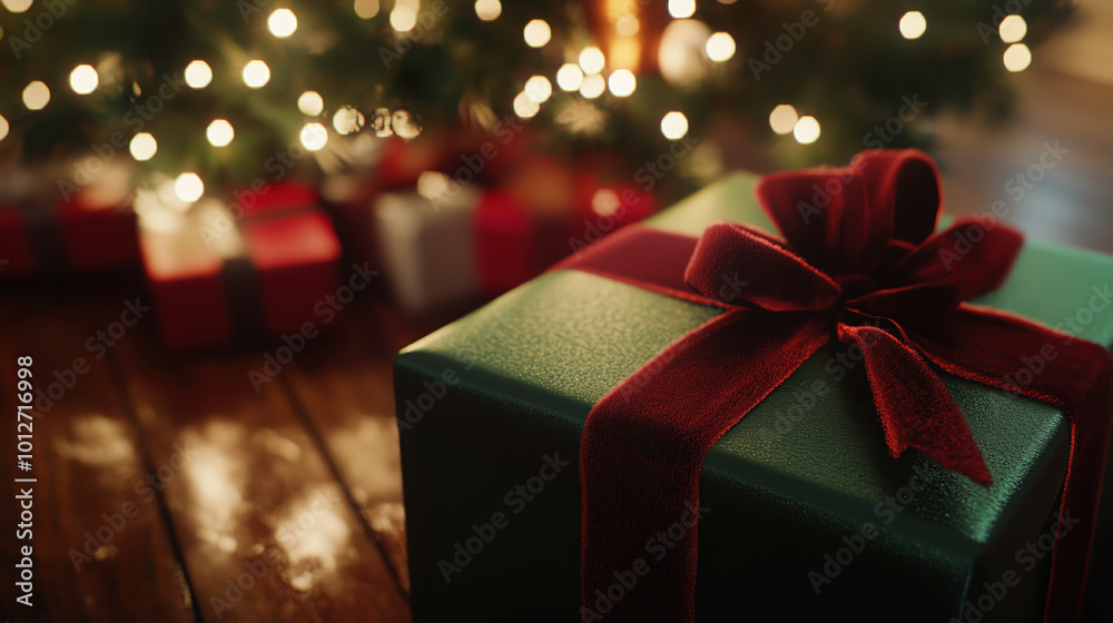 large gift wrapped in vibrant green with red ribbon, perfect for celebrations large gift wrapped in vibrant green with red ribbon, perfect for celebrations