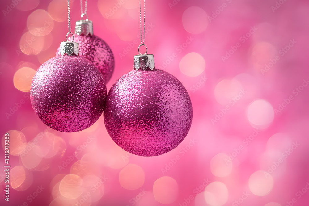 Three glittery pink baubles hanging against a vibrant pink background with soft bokeh, creating a bright and festive look. Three glittery pink baubles hanging against a vibrant pink background with soft bokeh, creating a bright and festive look.