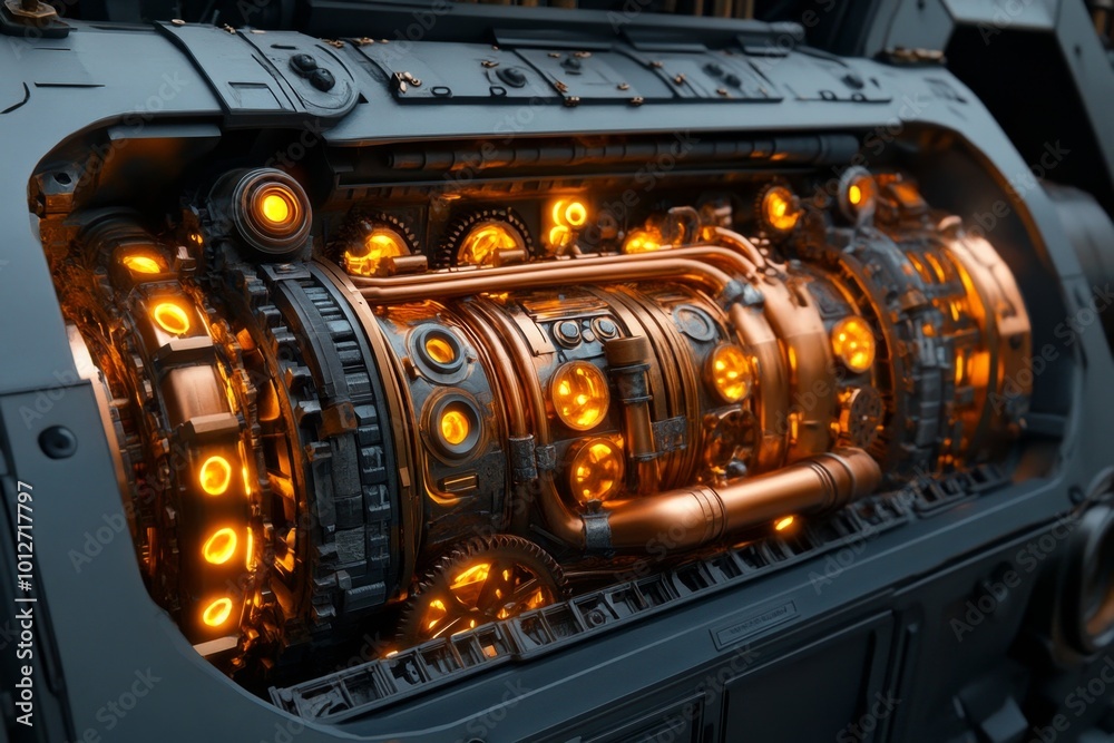Steampunk engine with exposed gears and pipes, powered by steam and glowing copper elements, driving a massive machine Steampunk engine with exposed gears and pipes, powered by steam and glowing copper elements, driving a massive machine