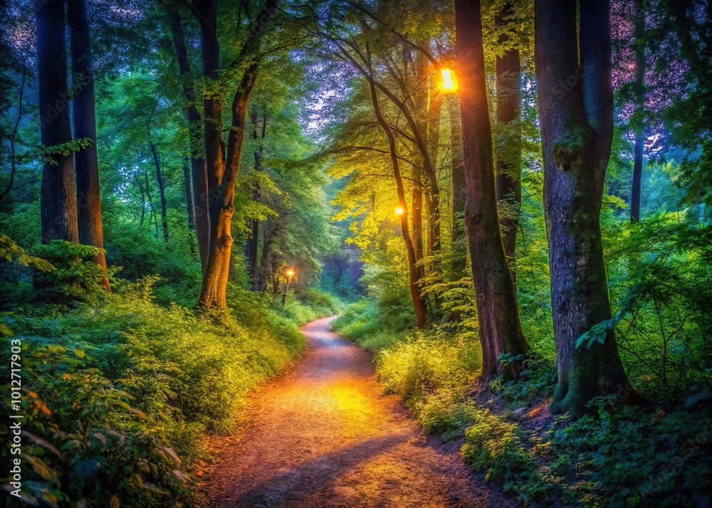 Fototapeta premium Stroll through a tranquil forest path, embraced by vibrant greenery and the soothing sights and sounds of nature, offering peace and rejuvenation for the spirit.