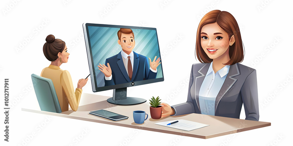 Businesswoman Making a Deal Over Video Conference: Candid Shot of Enthusiastic Discussion and Expressive Gestures with Digital Interface on White Background Businesswoman Making a Deal Over Video Conference: Candid Shot of Enthusiastic Discussion and Expressive Gestures with Digital Interface on White Background