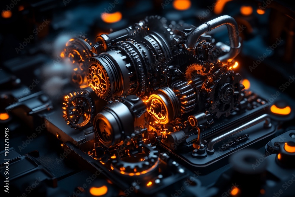 Steampunk engine with moving gears and iron pipes, driving a complex machine while releasing steam from various vents Steampunk engine with moving gears and iron pipes, driving a complex machine while releasing steam from various vents